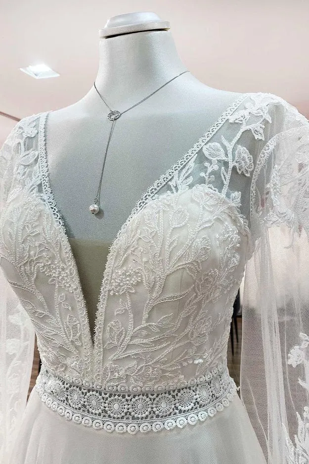 Robe de mariée élégante coupe trapèze avec manches, tulle, appliqués et perles