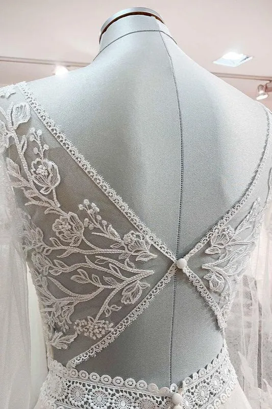 Robe de mariée élégante coupe trapèze avec manches, tulle, appliqués et perles