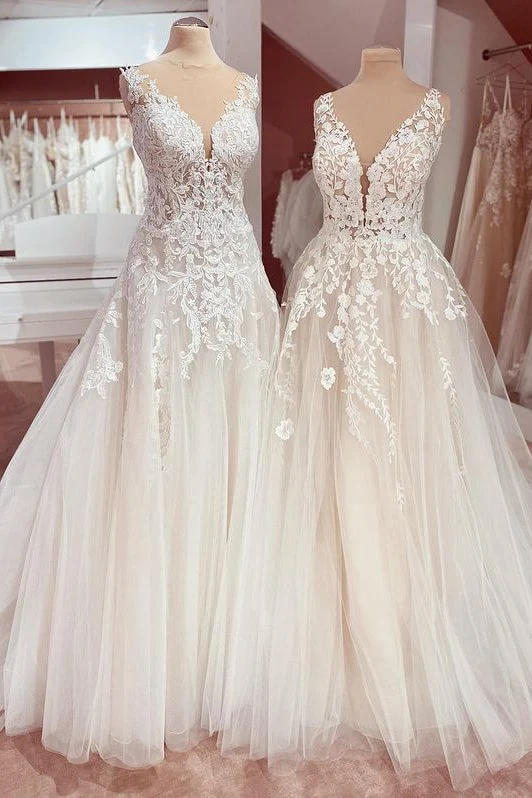 Robe de mariée élégante en dentelle, décolleté en V profond, coupe trapèze, avec appliques en tulle, longueur au sol