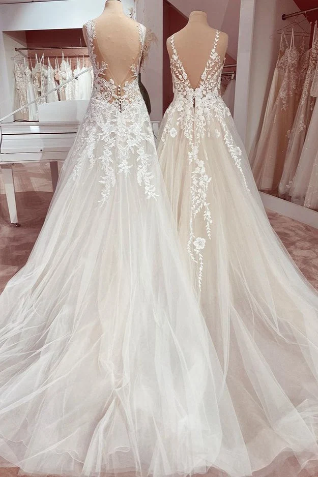 Robe de mariée élégante en dentelle, décolleté en V profond, coupe trapèze, avec appliques en tulle, longueur au sol