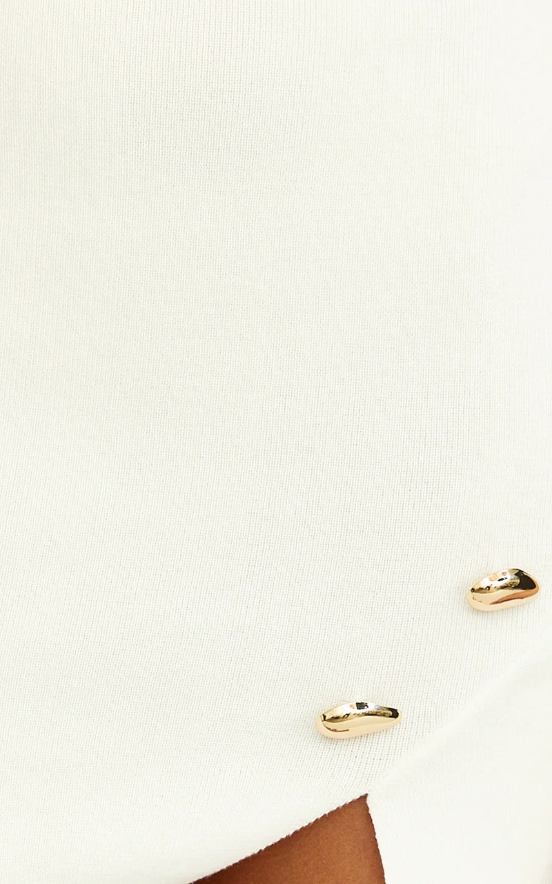 Roselle Mini Dress - High Neck Button Detail Fitted Knit Dress in White
