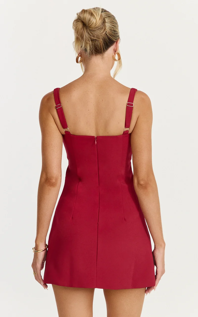 Odette Mini Dress - Plunge V Neck A Line Dress in Cherry Red