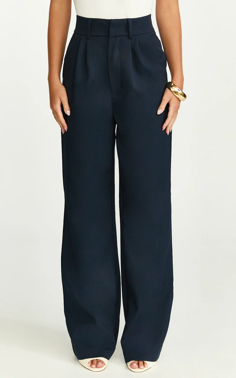 Melissa Pants - Pleat Front Wide Leg Tailored Pants in Navy