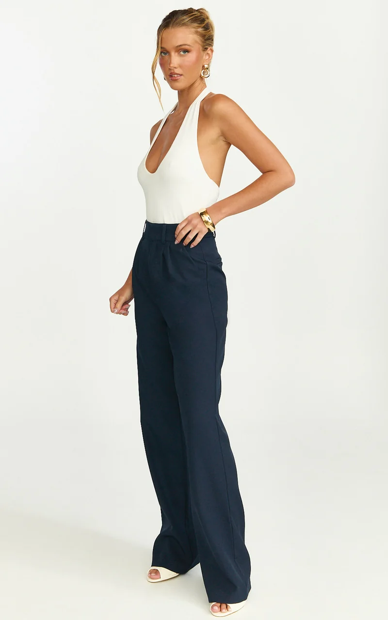 Melissa Pants - Pleat Front Wide Leg Tailored Pants in Navy