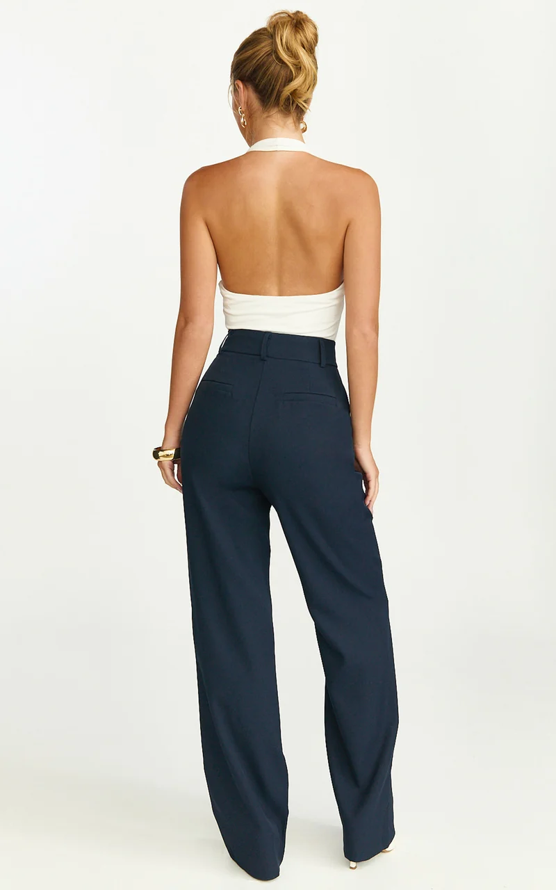 Melissa Pants - Pleat Front Wide Leg Tailored Pants in Navy