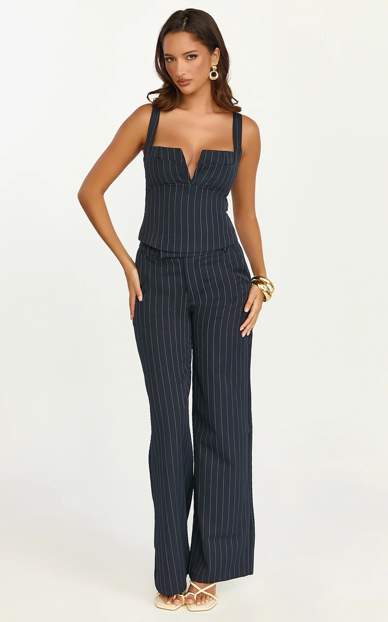 Georgie Top - Plunge V Neck Pinstripe Bustier Top in Dark Navy