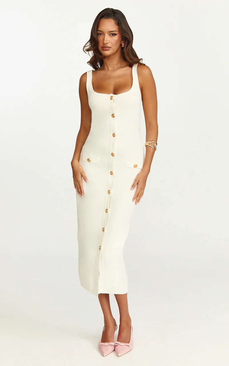 Gabby Midi Dress - Sweetheart Strapped Hardware Button Front Fitted Contrast Trim Knit Dress in Plain White
