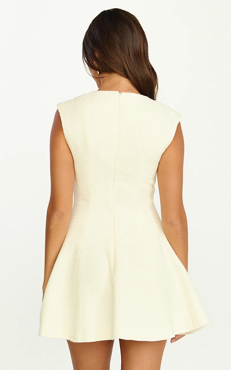 Nelson Mini Dress - Low Cut Boucle Fit & Flare Mini Dress in Cream