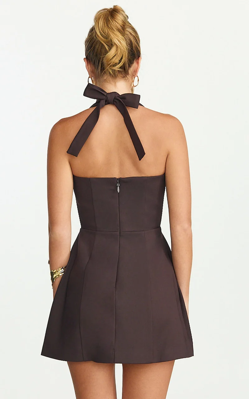 Dante Mini Dress - Halter Neck Tie Tulip Skirt Dress in Chocolate