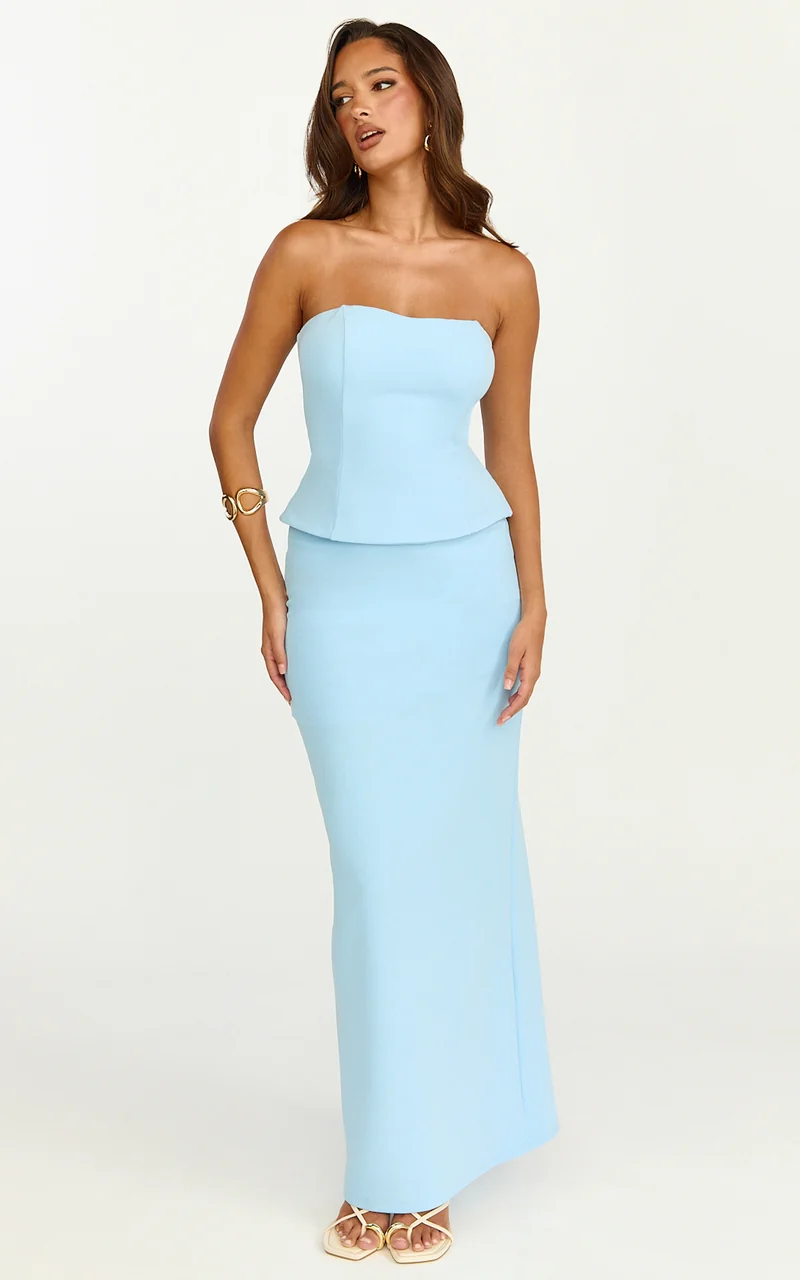 Anya Two Piece Top and Skirt Set - Strapless Fit And Flare Top And Maxi Skirt in Blue