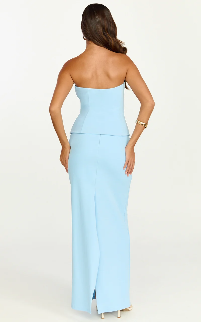 Anya Two Piece Top and Skirt Set - Strapless Fit And Flare Top And Maxi Skirt in Blue