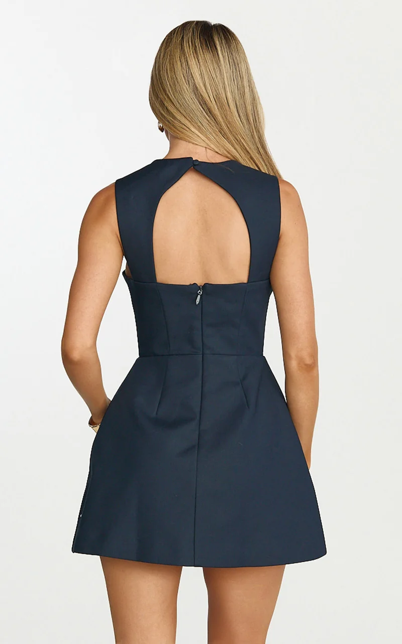 Garrett Mini Dress - Square Neck Fit And Flare Dress in Navy
