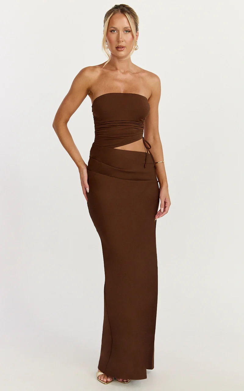 Fergie Maxi Dress - Strapless Side Ruched Cut Out Fitted Dress in chestnut brown