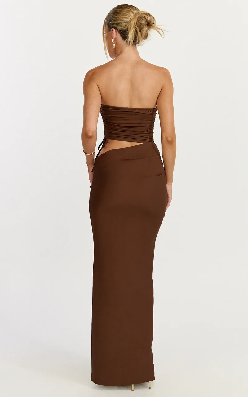 Fergie Maxi Dress - Strapless Side Ruched Cut Out Fitted Dress in chestnut brown