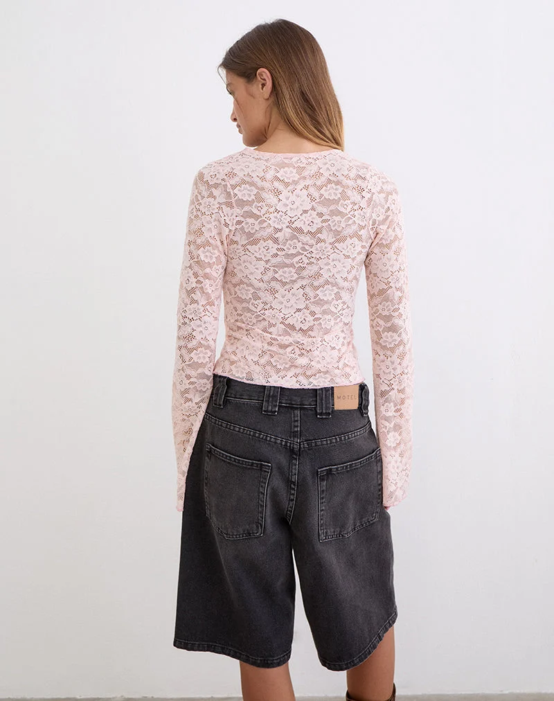Haut à manches longues Yamuna en dentelle rose pâle
