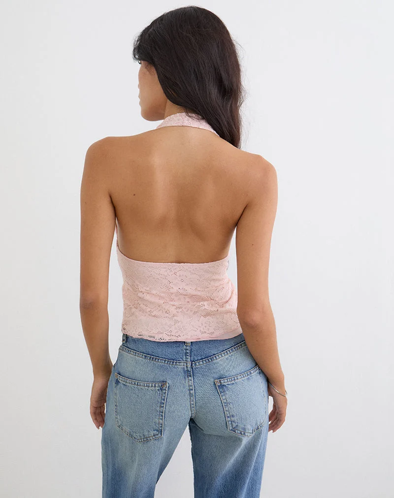 Haut Prilla à col licou en dentelle rose pâle