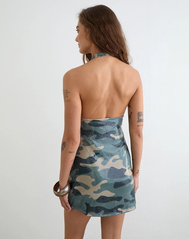 Mini-robe dos nu Hepasi, motif camouflage à paillettes, vert kaki