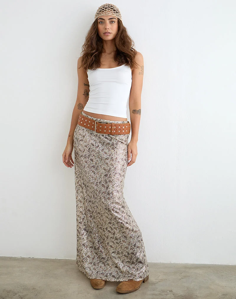 Jupe longue Vanessa à motif paisley et paillettes dorées
