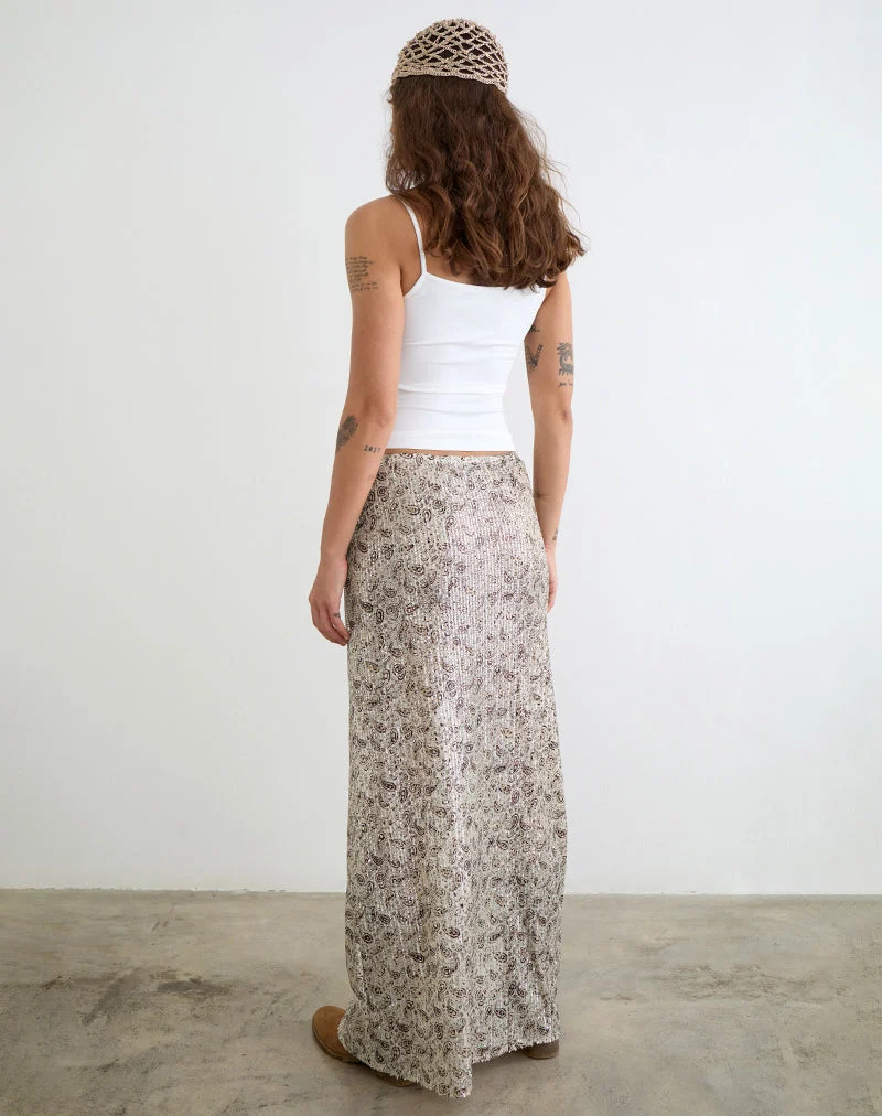 Jupe longue Vanessa à motif paisley et paillettes dorées