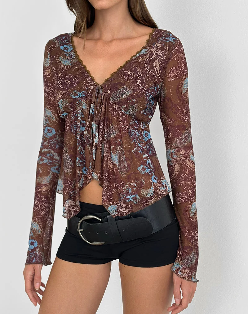 Haut à manches longues Concetta, motif « Feathery Paisley » marron