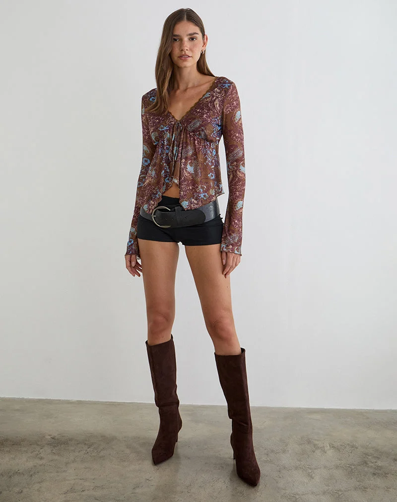 Haut à manches longues Concetta, motif « Feathery Paisley » marron
