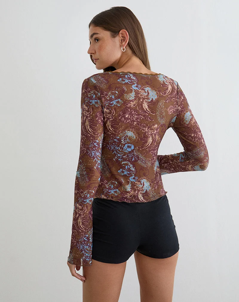 Haut à manches longues Concetta, motif « Feathery Paisley » marron