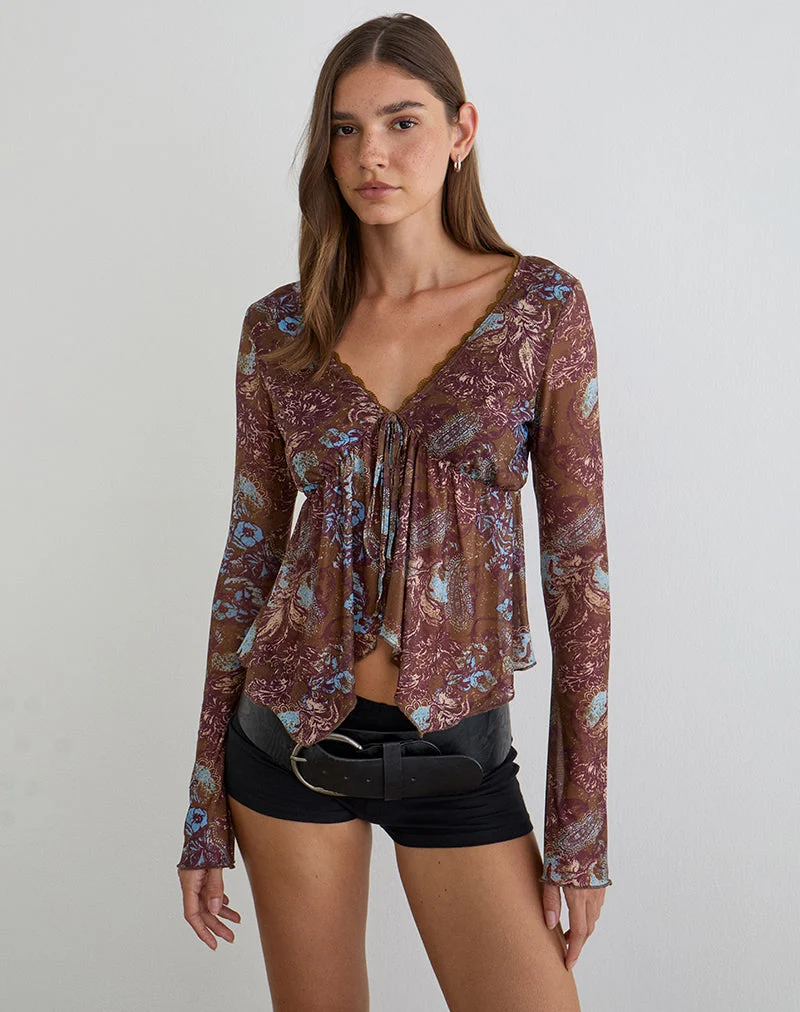 Haut à manches longues Concetta, motif « Feathery Paisley » marron