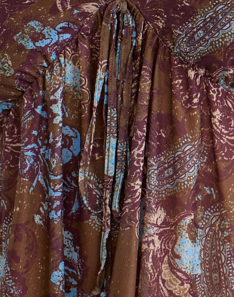 Haut à manches longues Concetta, motif « Feathery Paisley » marron