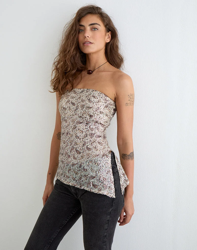 Haut bandeau Brilia à motif paisley et paillettes dorées