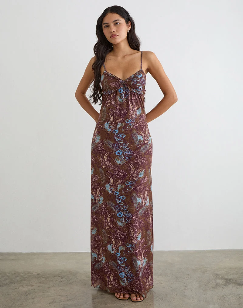 Robe longue Alnaka, motif paisley « Feathery » marron