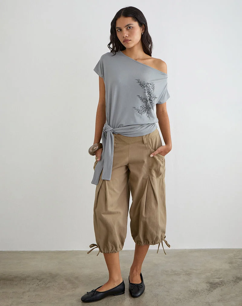 Haut « Lola » à nouer à la taille, motif floral artistique gris