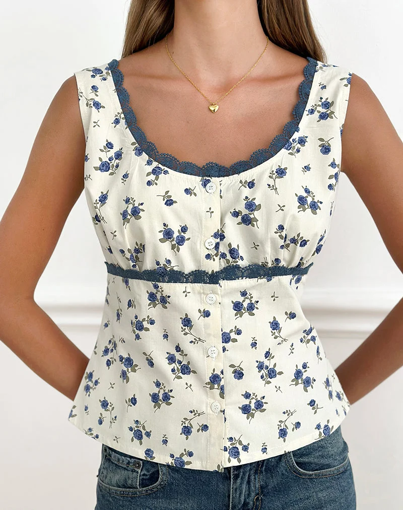 Haut Gronini « Ditsy Leaf Rose » bleu marine