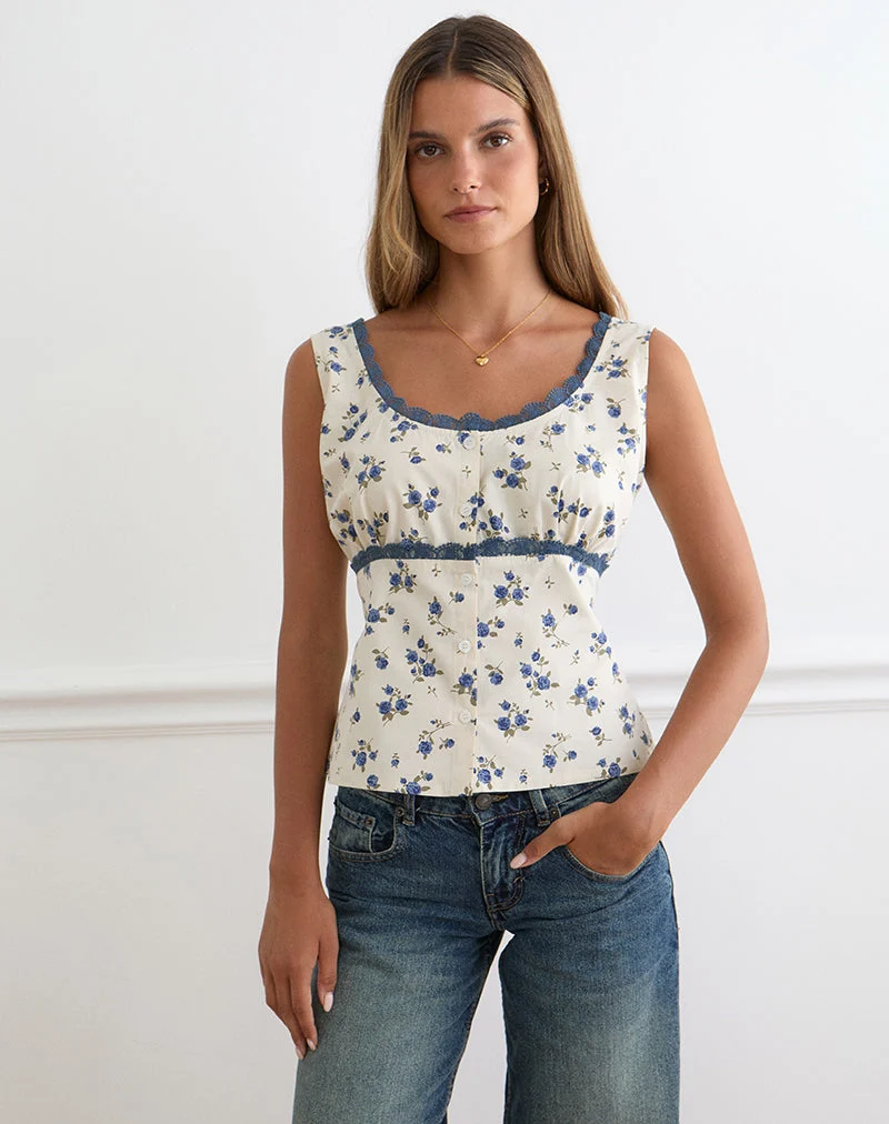 Haut Gronini « Ditsy Leaf Rose » bleu marine