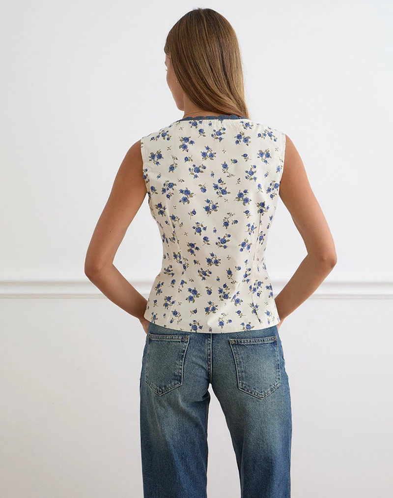 Haut Gronini « Ditsy Leaf Rose » bleu marine