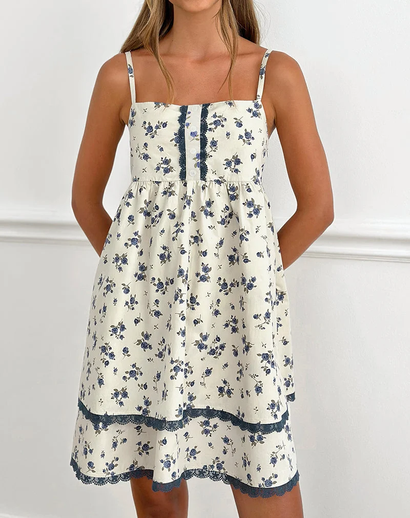 Mini-robe Gal, motif « Ditsy Leaf Rose » bleu marine