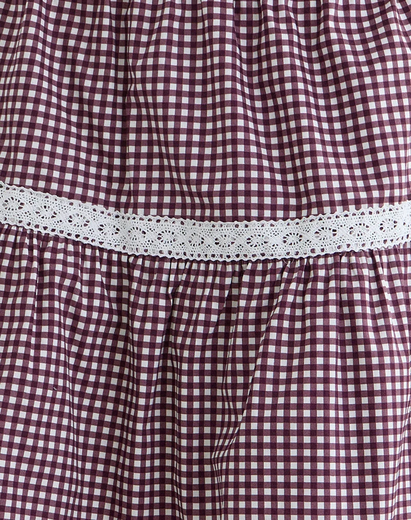 Jupe midi Trixie à petits carreaux vichy, couleur vin