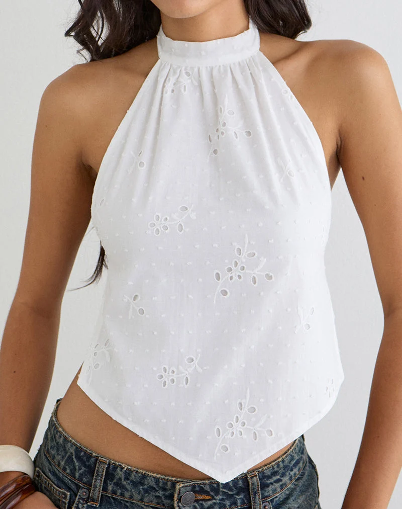 Haut Sedona à encolure dos nu, modèle « Broderie » blanc