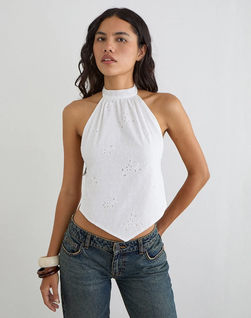 Haut Sedona à encolure dos nu, modèle « Broderie » blanc