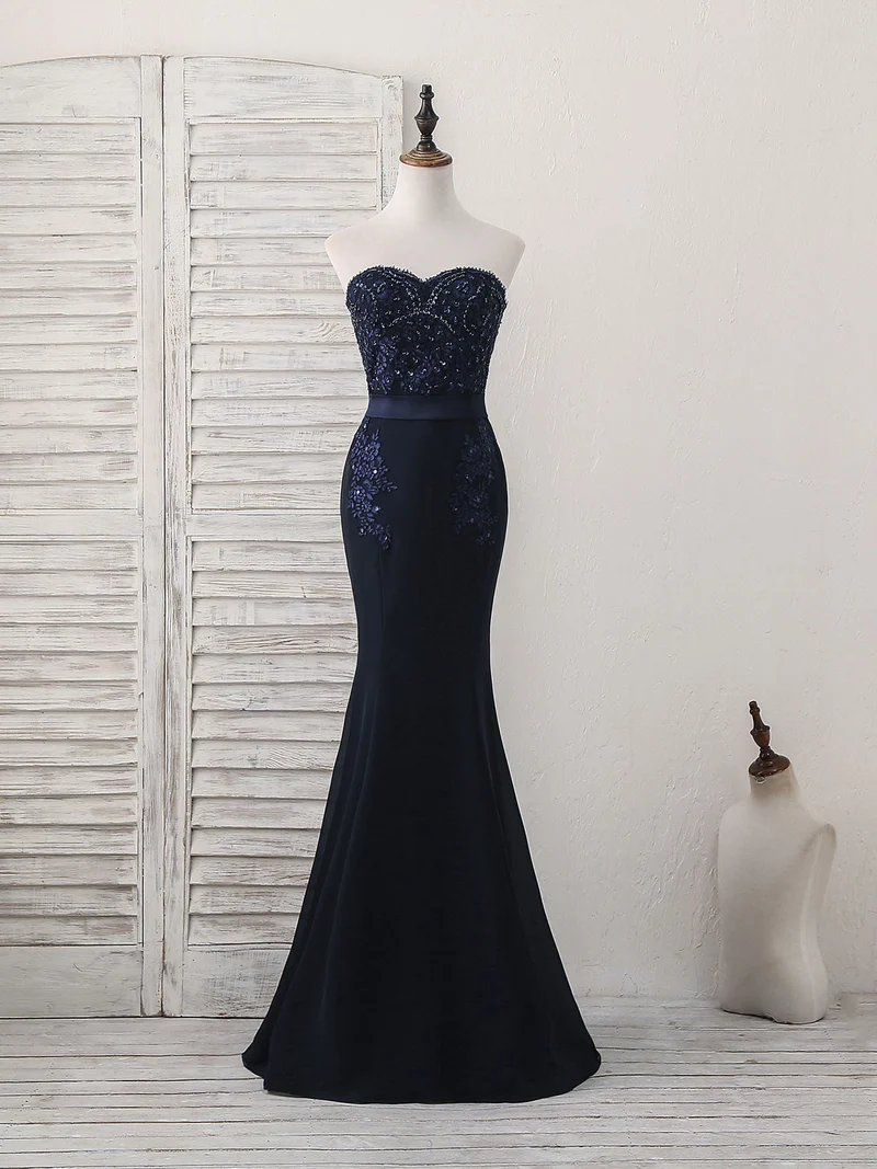Robe de soirée longue bleu foncé élégante à col en cœur style sirène pour occasions spéciales