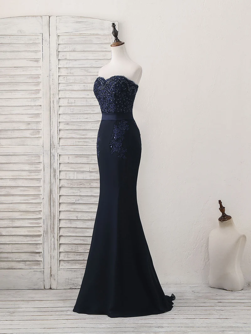 Robe de soirée longue bleu foncé élégante à col en cœur style sirène pour occasions spéciales