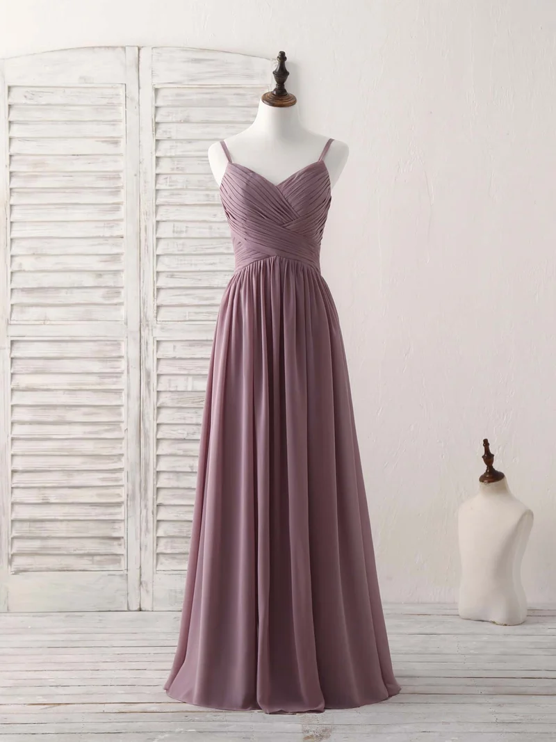 Robe de demoiselle d'honneur élégante en mousseline à col en V : robe de bal longue et simple rose foncé