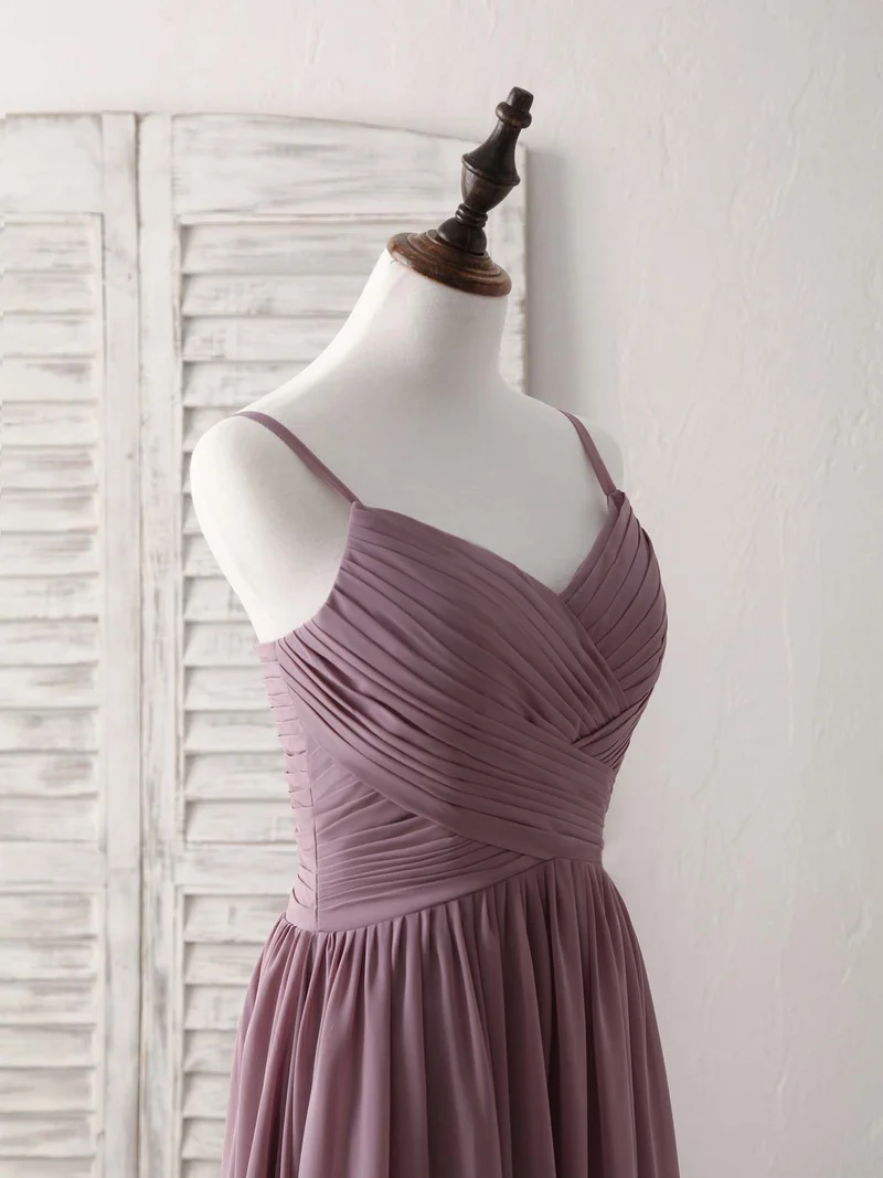 Robe de demoiselle d'honneur élégante en mousseline à col en V : robe de bal longue et simple rose foncé