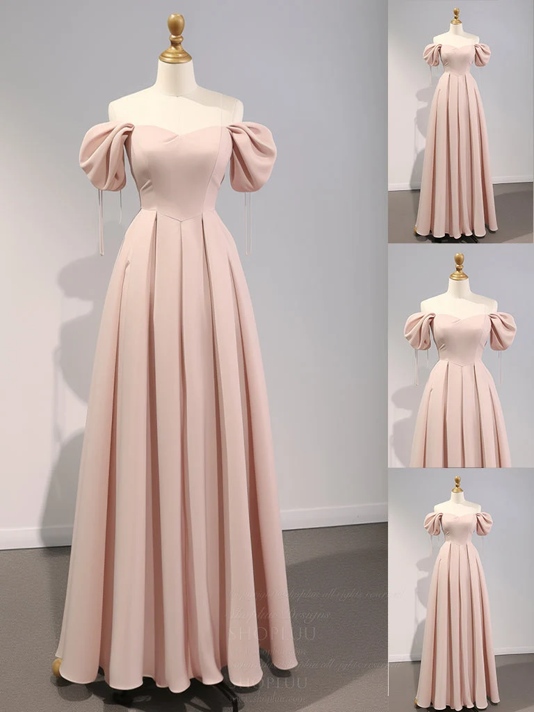 Robe de demoiselle d'honneur longue en satin rose, élégante, coupe trapèze, manches bouffantes