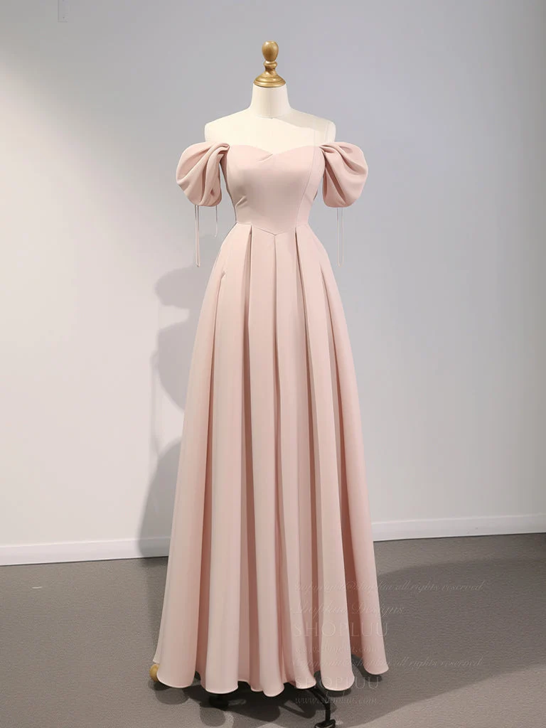 Robe de demoiselle d'honneur longue en satin rose, élégante, coupe trapèze, manches bouffantes