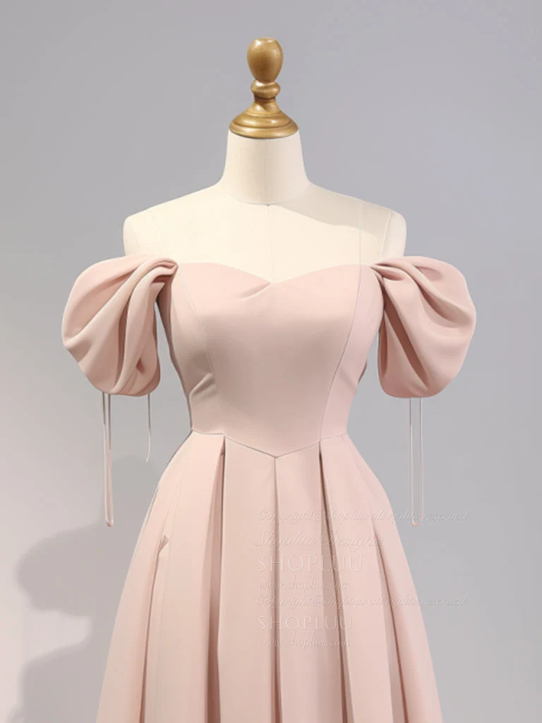 Robe de demoiselle d'honneur longue en satin rose, élégante, coupe trapèze, manches bouffantes