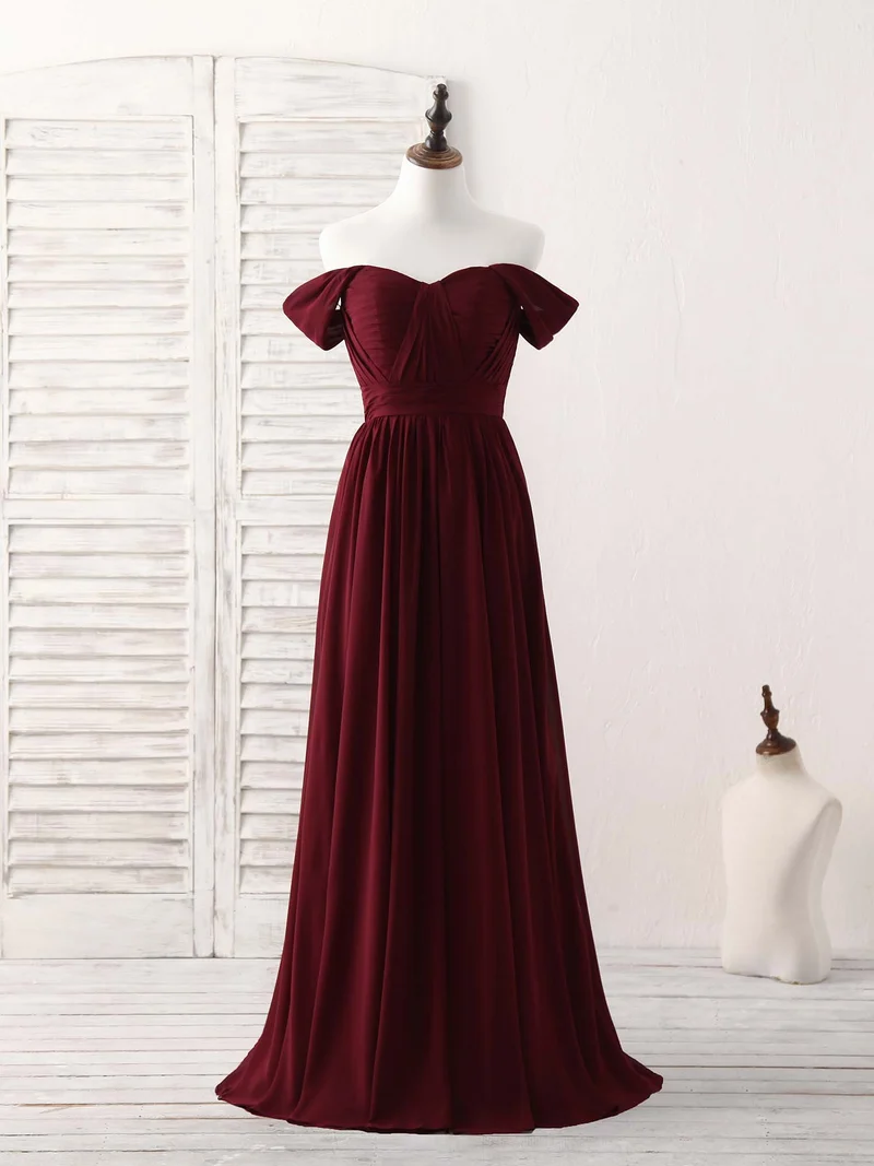 Robe de bal élégante bordeaux en mousseline de soie à épaules dénudées, robe de demoiselle d'honneur