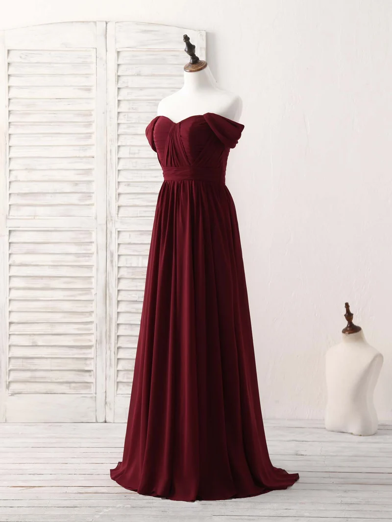 Robe de bal élégante bordeaux en mousseline de soie à épaules dénudées, robe de demoiselle d'honneur