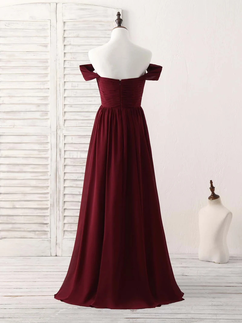 Robe de bal élégante bordeaux en mousseline de soie à épaules dénudées, robe de demoiselle d'honneur