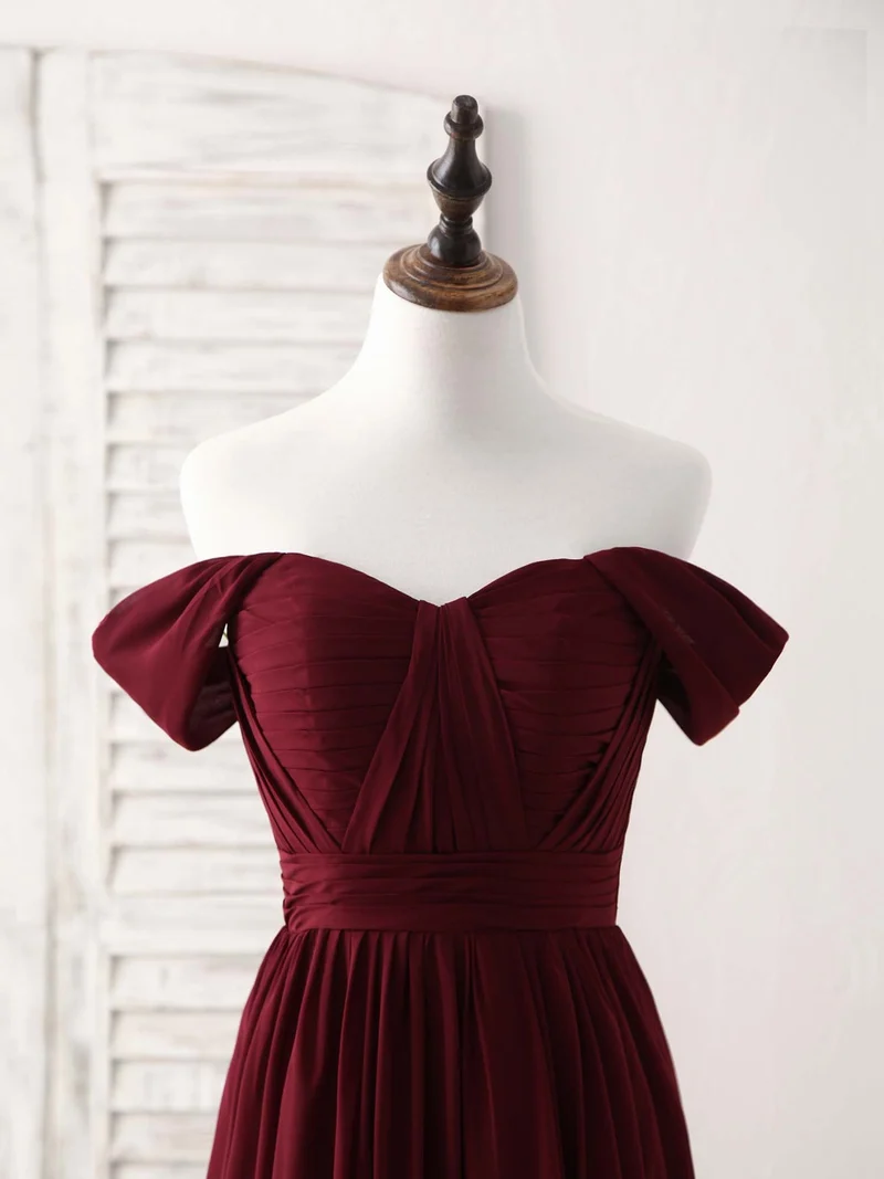 Robe de bal élégante bordeaux en mousseline de soie à épaules dénudées, robe de demoiselle d'honneur