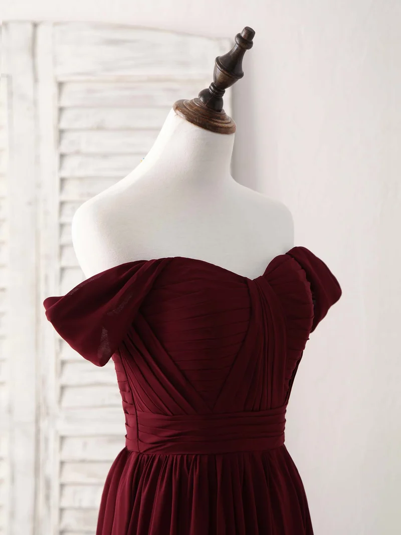 Robe de bal élégante bordeaux en mousseline de soie à épaules dénudées, robe de demoiselle d'honneur